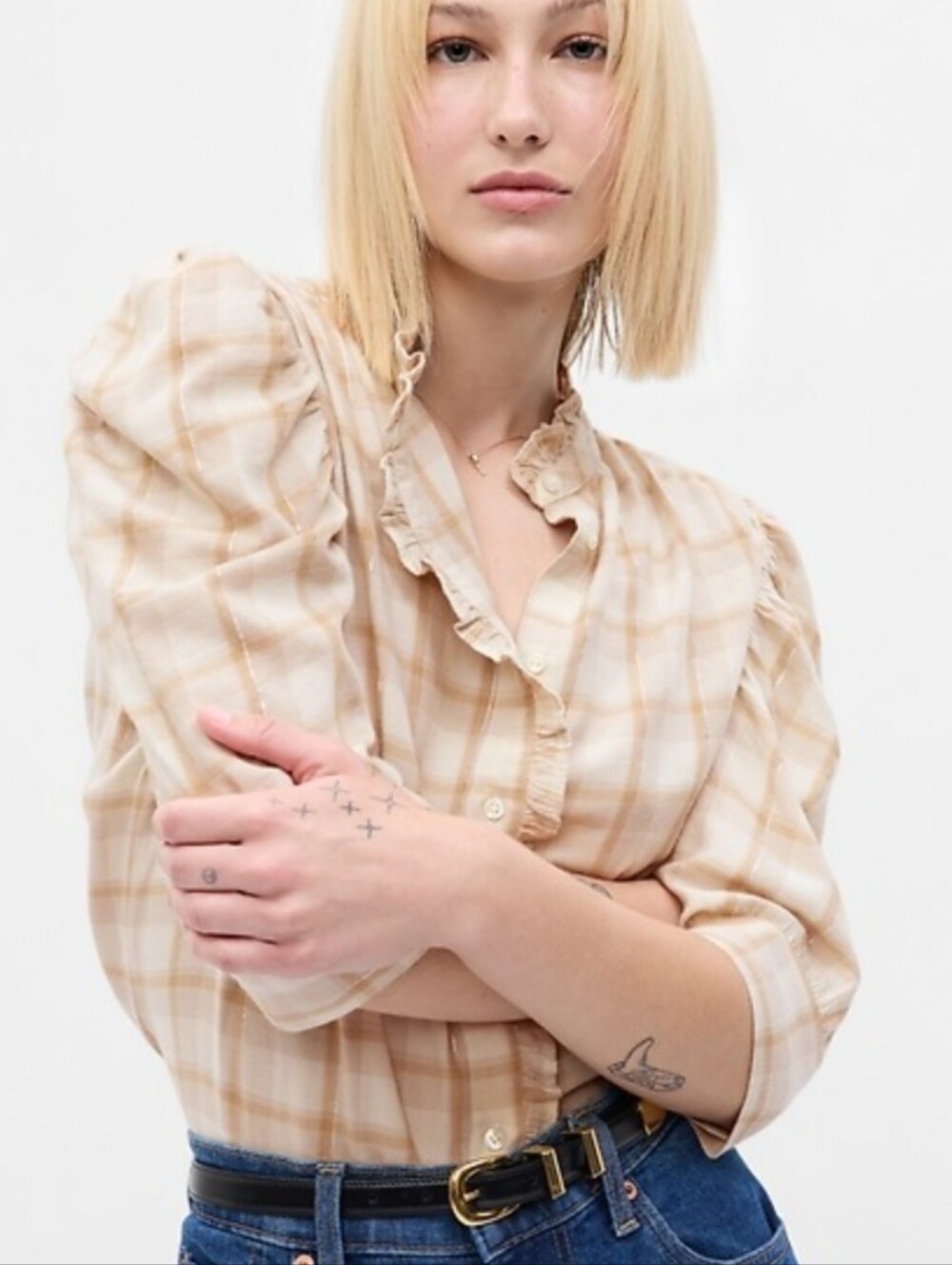GAP Cream Plaid Ruffled Button-Up Blouse